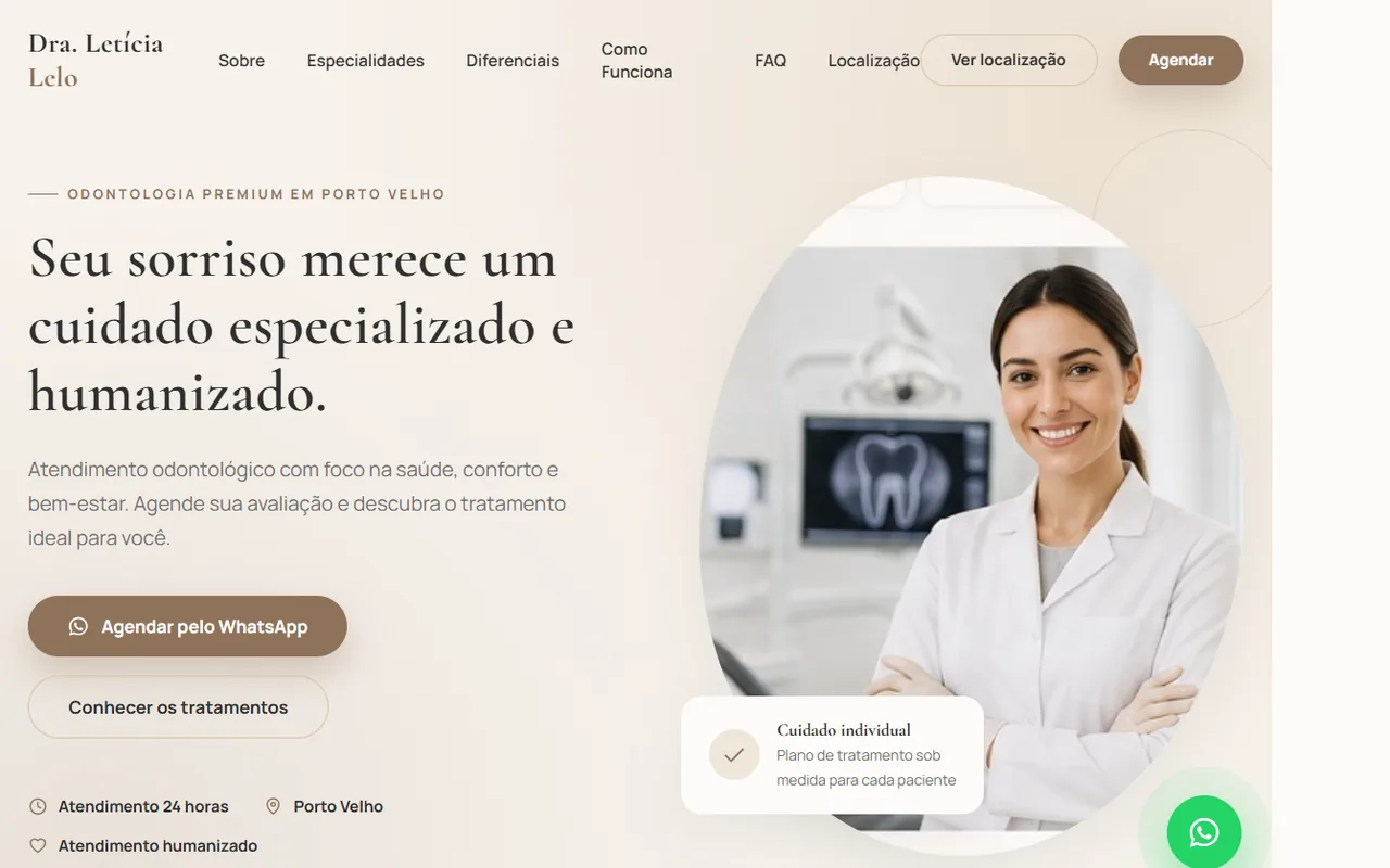 Primeira dobra do site conceitual criado para a Dra. Letícia, com o título sobre cuidado odontológico humanizado